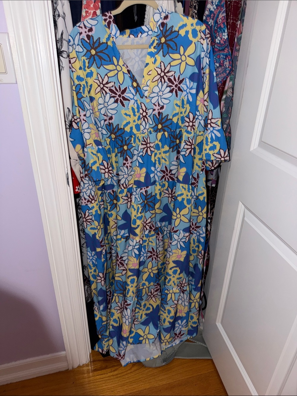 Floral V-Neck Maxi Dress in Blue and Yellow